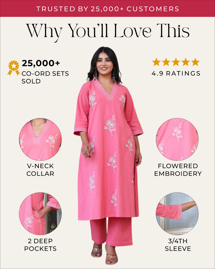 Peach Bloosm Minimal Embroidered Aline Co-ord Set