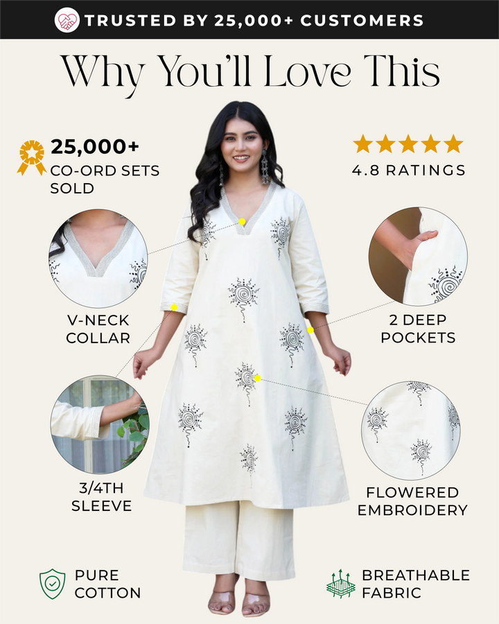 Off White Minimal Embroidered Aline Co-ord Set