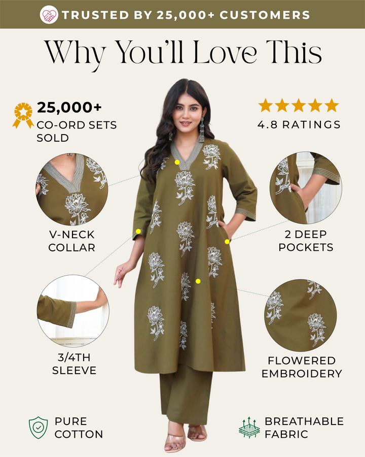 Deep Olive Green  Minimal Embroidered Aline Co-ord Set