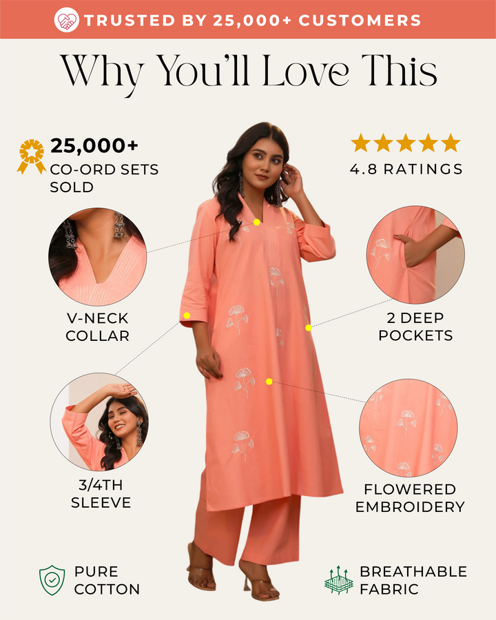 Peach Minimal Embroidered Aline Co-ord Set