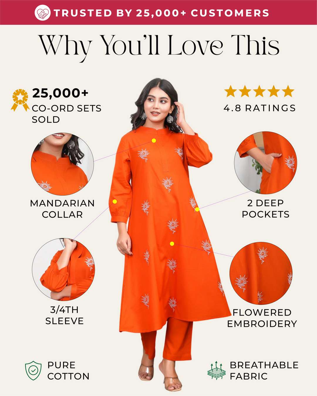 Orange Base With Delicate White Floral Embroidery