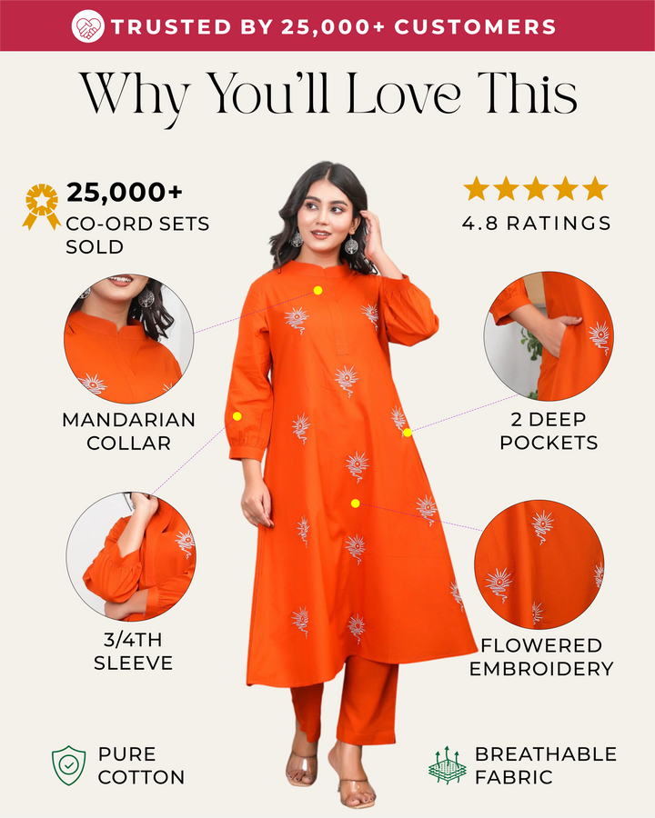 Orange Base With Delicate White Floral Embroidery