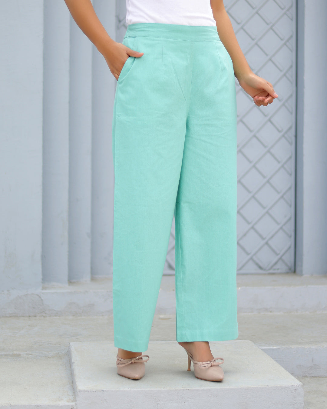 Turquoise Airy Linen Wide leg Pants