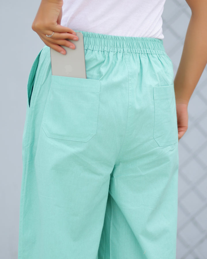 Turquoise Airy Linen Wide leg Pants