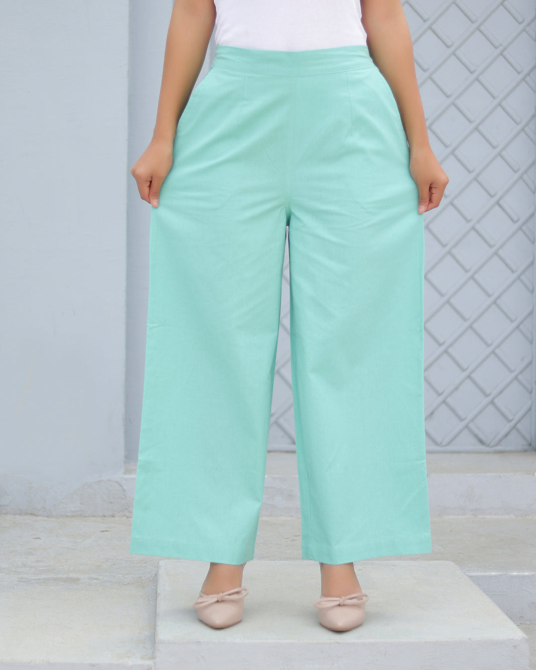 Turquoise Airy Linen Wide leg Pants