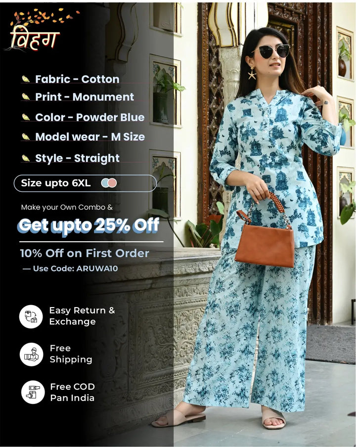 Monument Blue printed Straight Co- ords Set