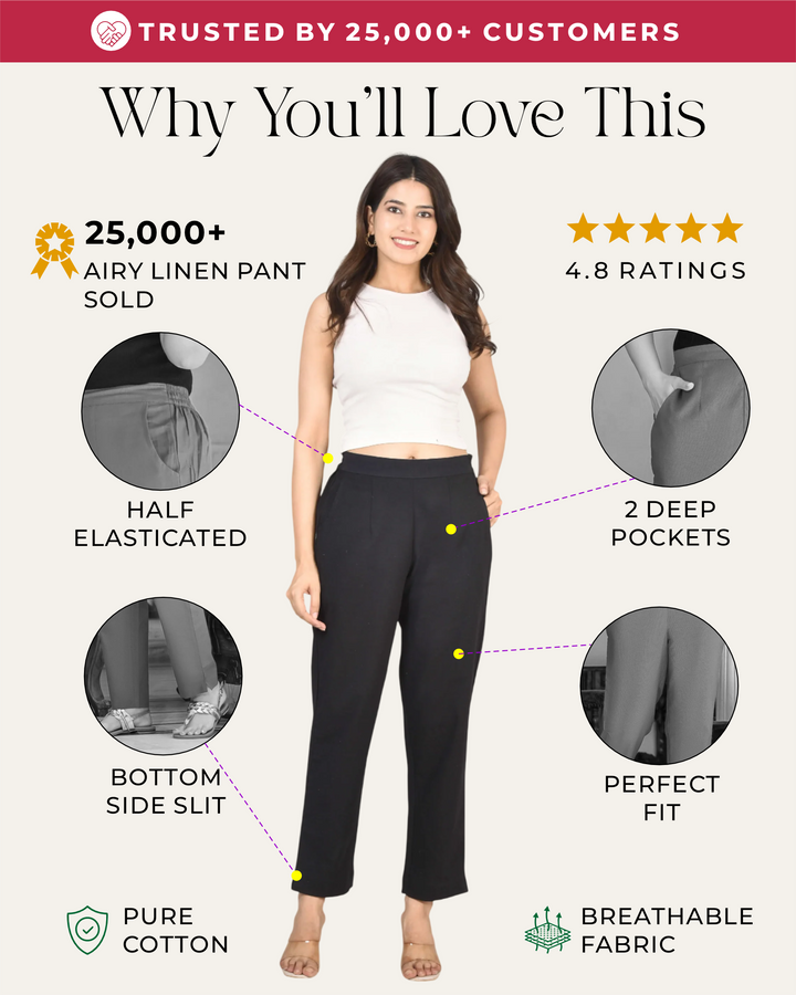 BLACK SOLID AIRY LINEN PANTS