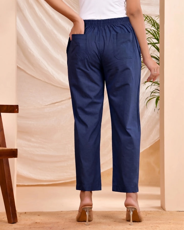 Navy Blue Solid Straight Pants