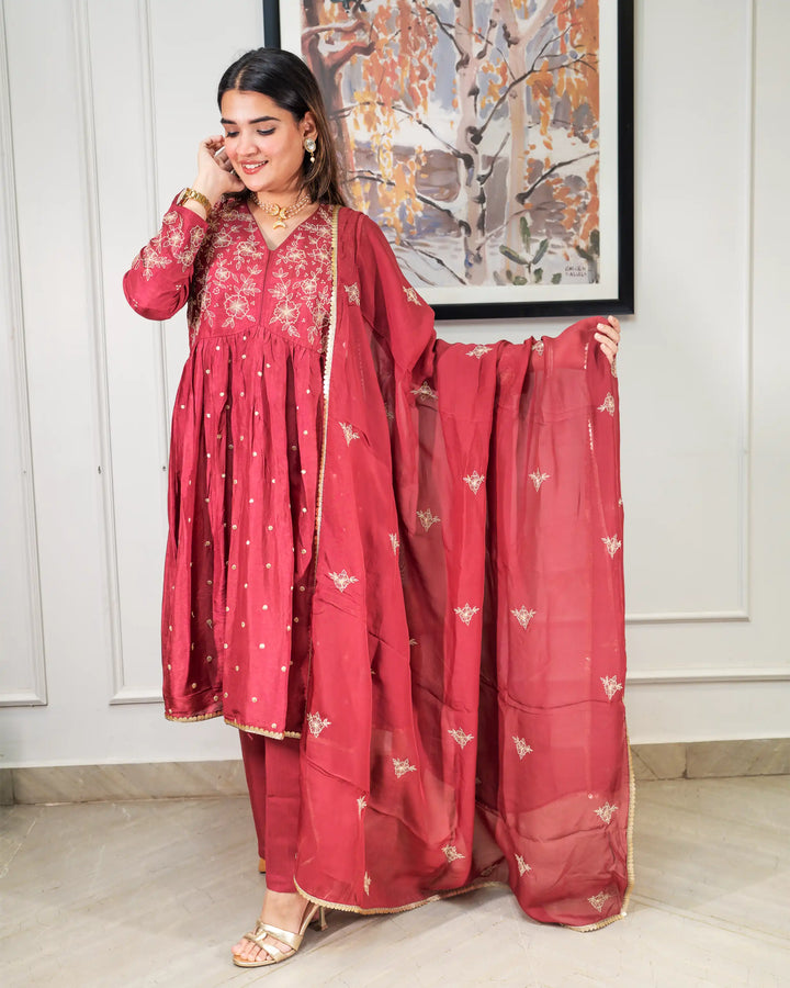 KIumudini Mehroon Designer Kurta Set