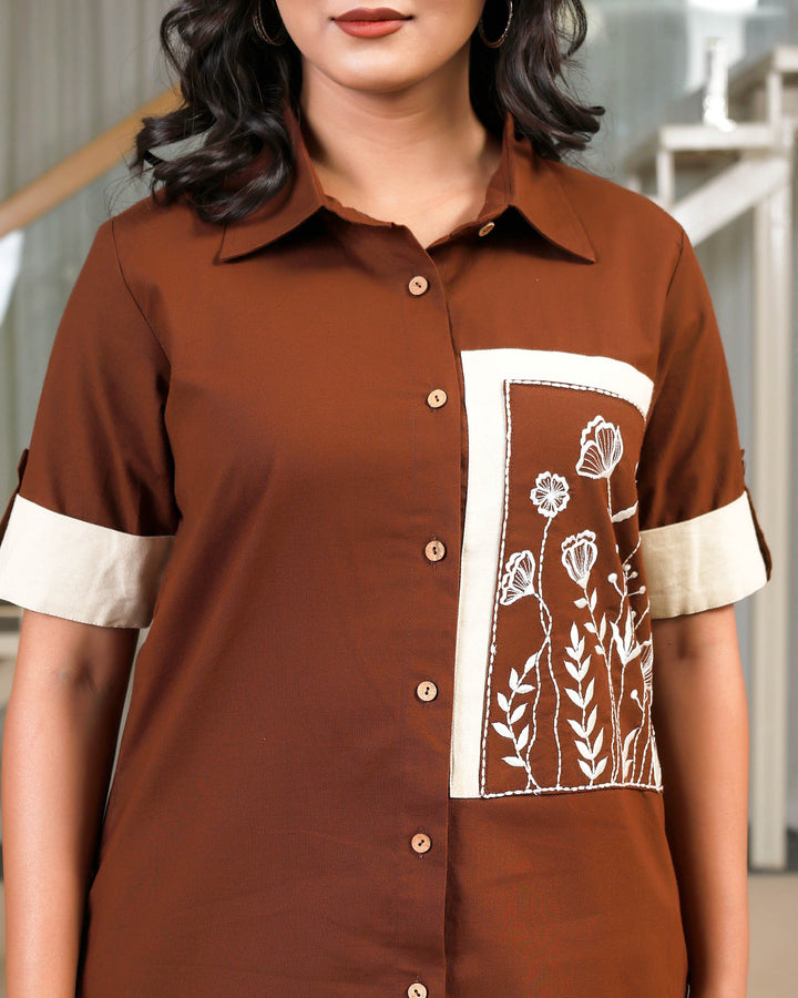 Coffee Brown Patch Work Floral Embroidered Co-ord Sets