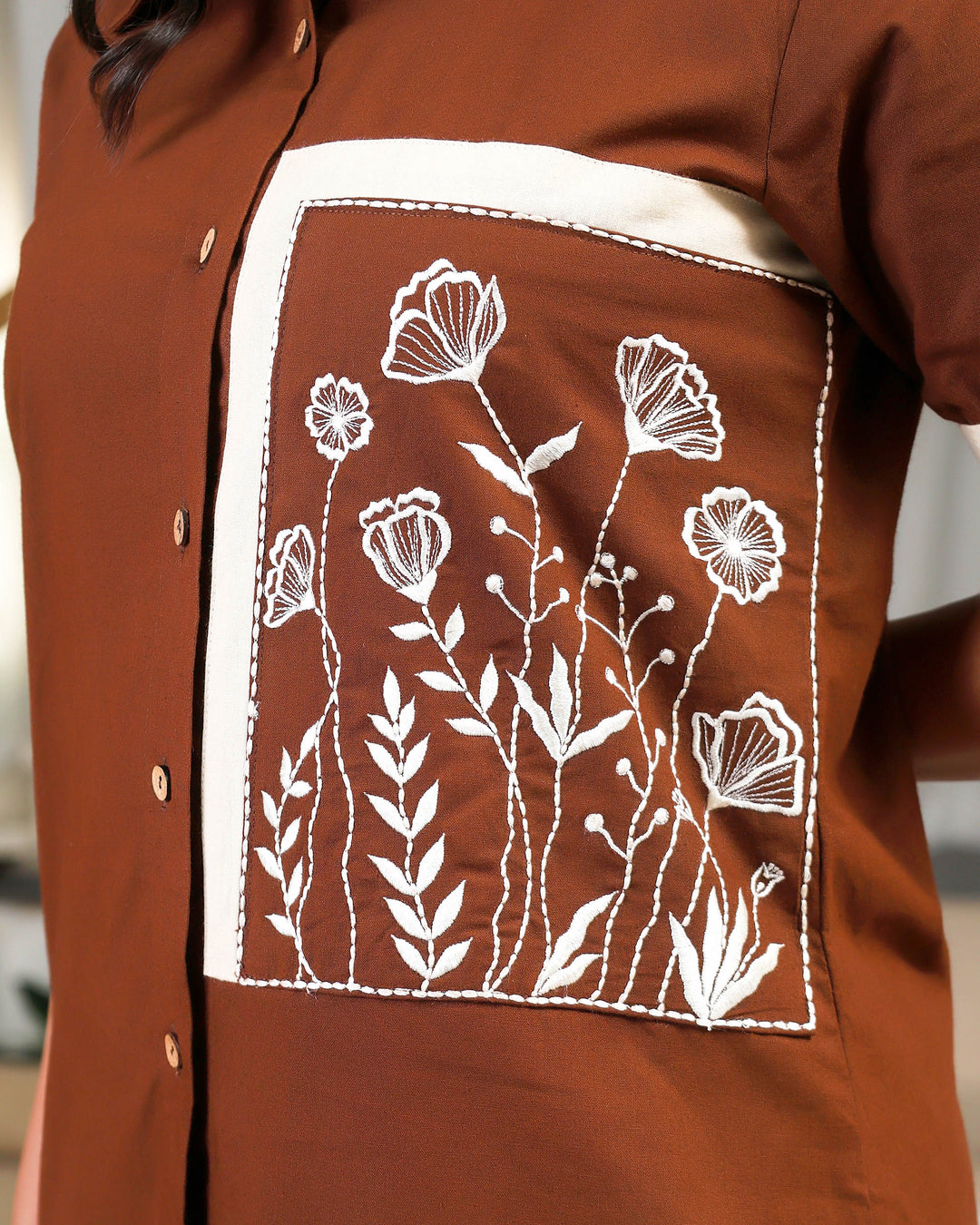 Coffee Brown Patch Work Floral Embroidered Co-ord Sets