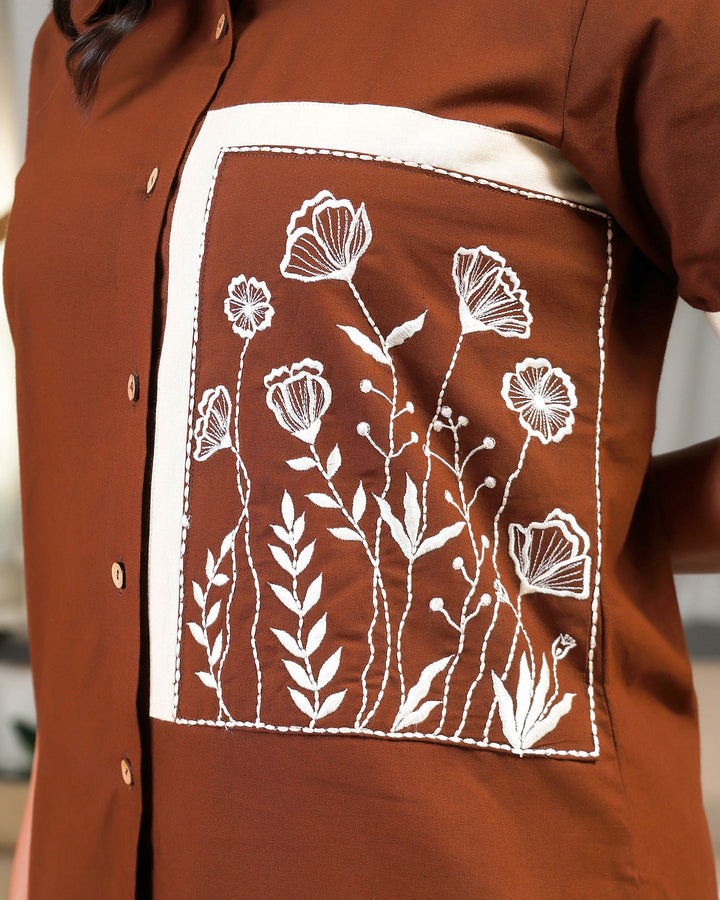 Coffee Brown Patch Work Floral Embroidered Co-ord Sets