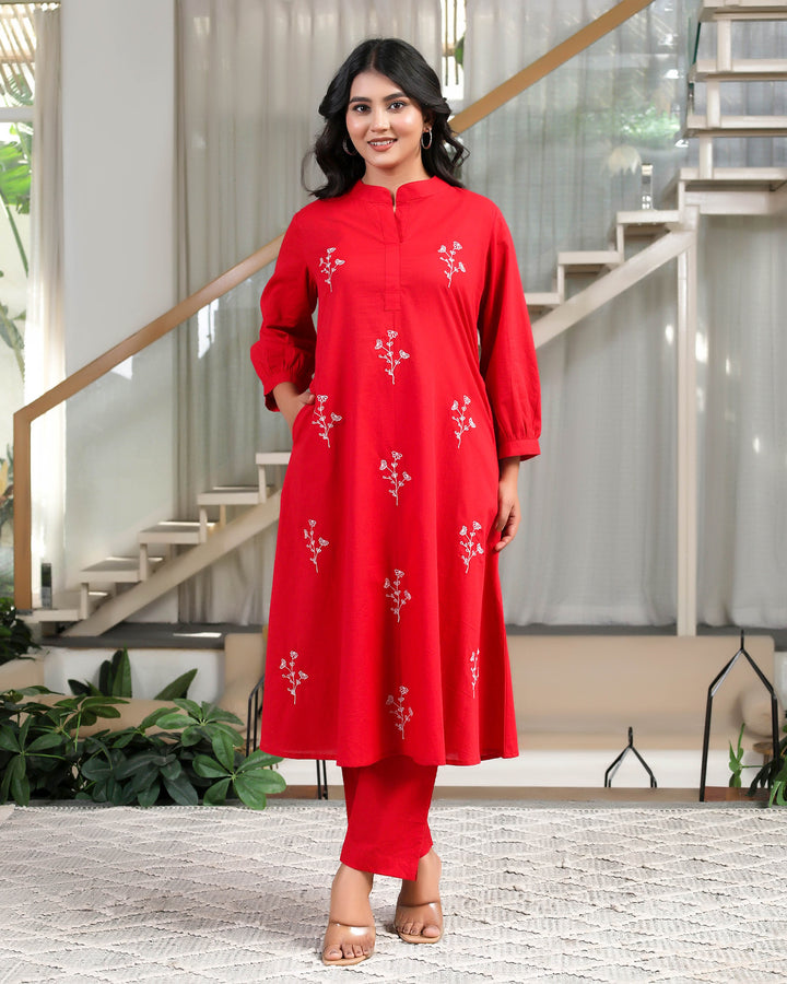 Solid Red Base With Delicate White Floral Embroidery