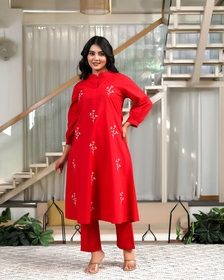 Solid Red Base With Delicate White Floral Embroidery