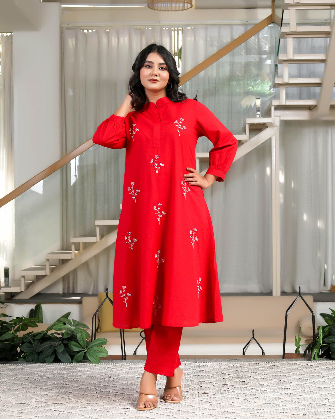 Solid Red Base With Delicate White Floral Embroidery