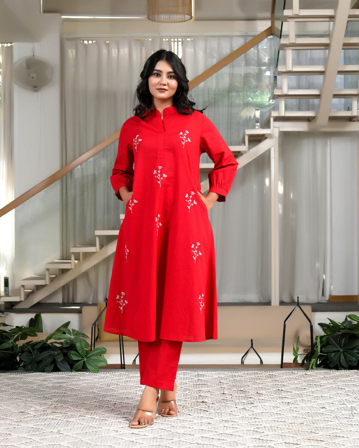 Solid Red Base With Delicate White Floral Embroidery