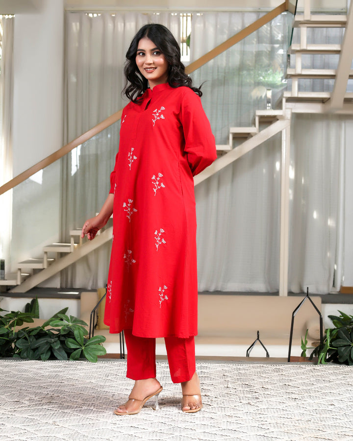 Solid Red Base With Delicate White Floral Embroidery