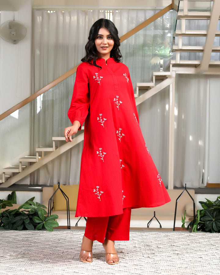 Solid Red Base With Delicate White Floral Embroidery