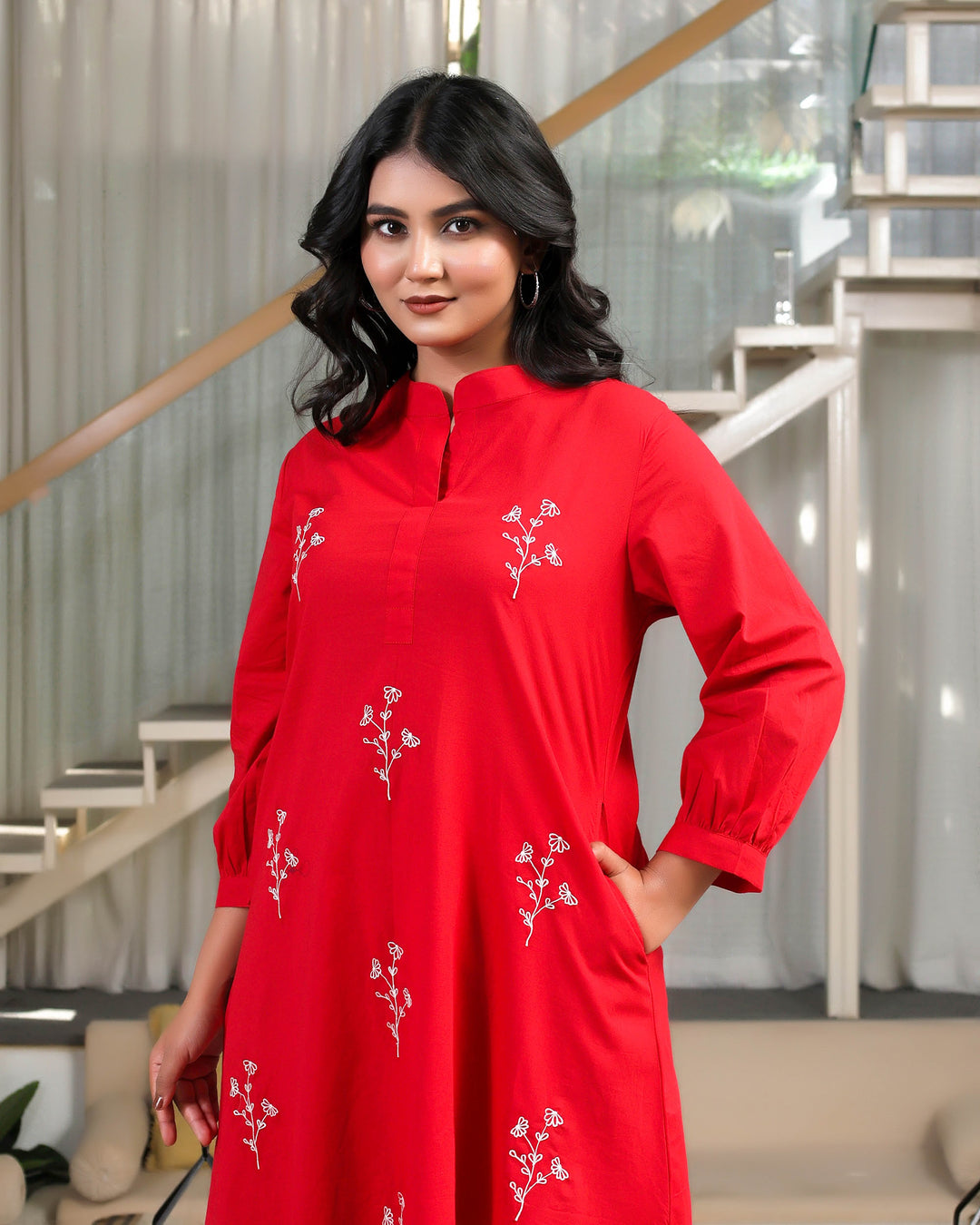 Solid Red Base With Delicate White Floral Embroidery