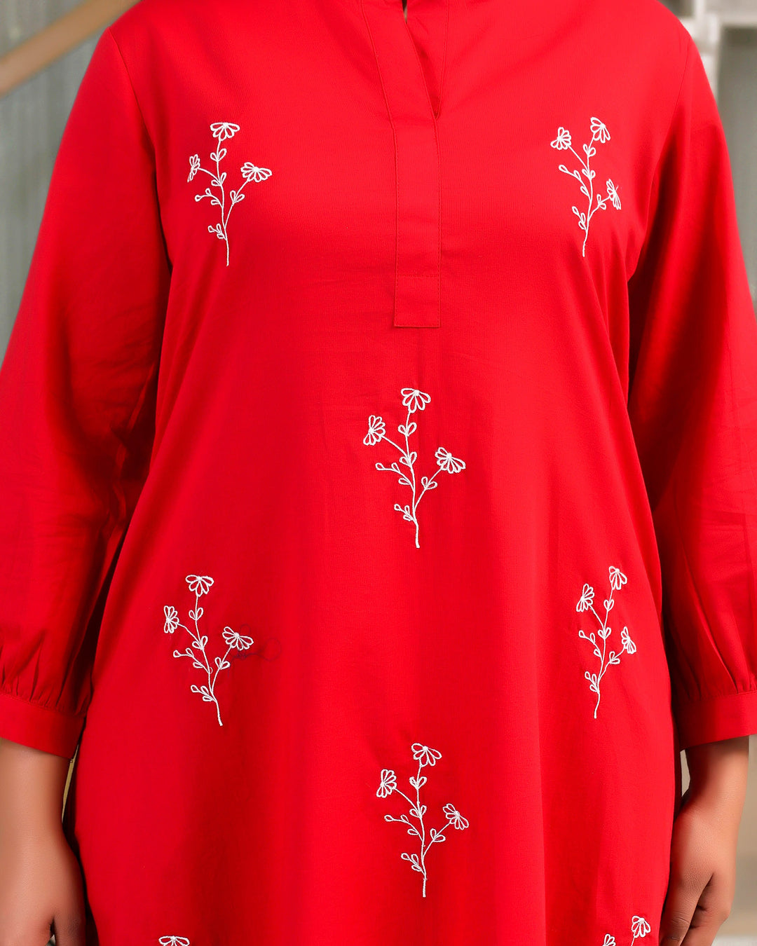 Solid Red Base With Delicate White Floral Embroidery