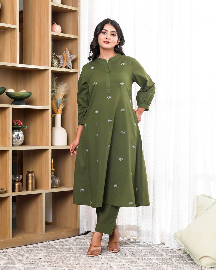 Forest Green Base With Delicate With Floral Embroidery