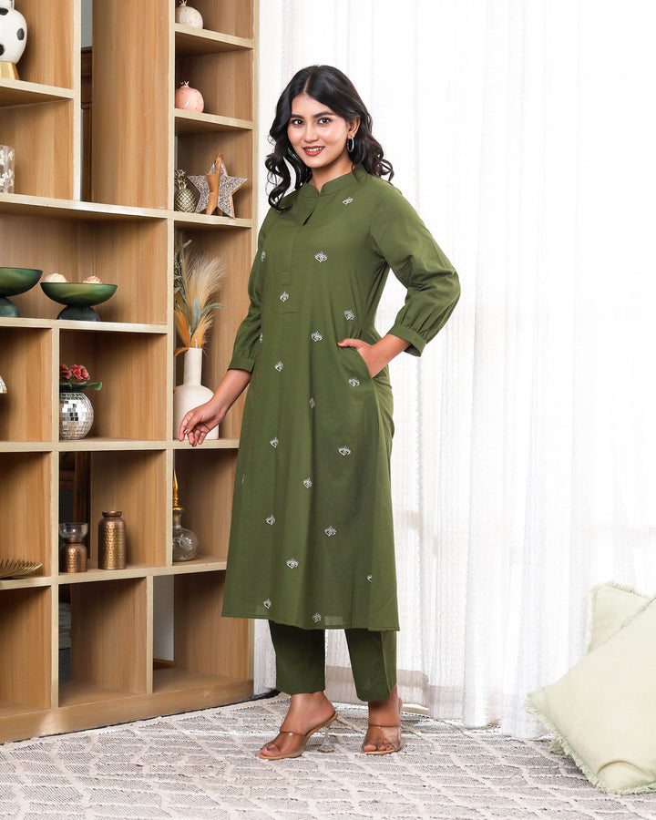 Forest Green Base With Delicate With Floral Embroidery