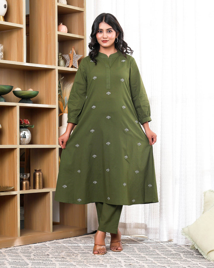 Forest Green Base With Delicate With Floral Embroidery