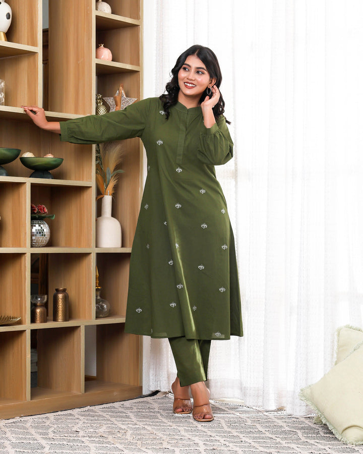 Forest Green Base With Delicate With Floral Embroidery