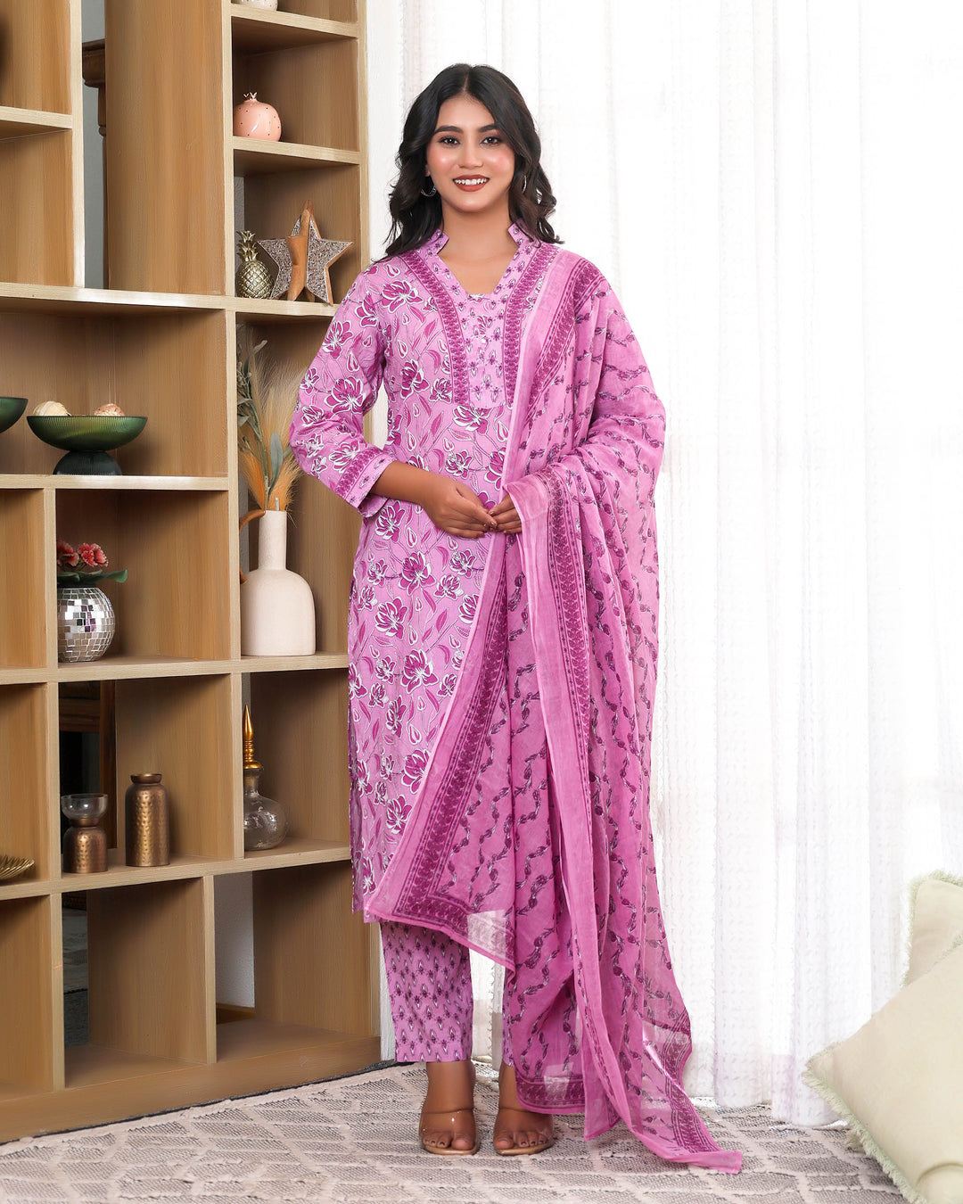 Lilac Bloom Printed Cotton 3 Piece Set