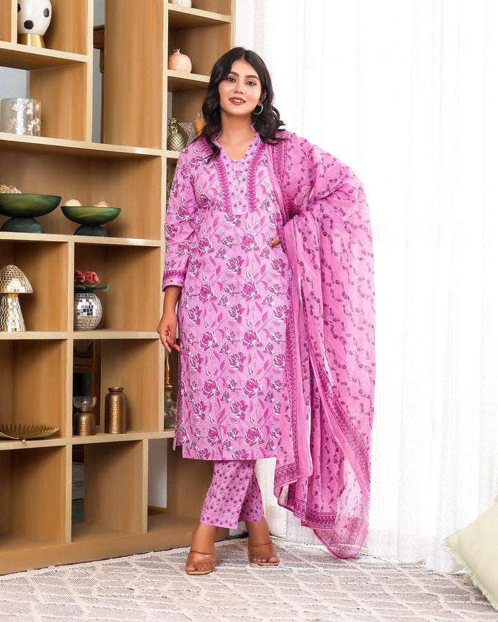 Lilac Bloom Printed Cotton 3 Piece Set