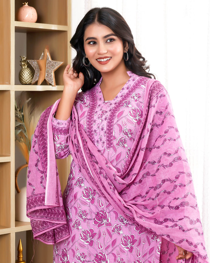 Lilac Bloom Printed Cotton 3 Piece Set
