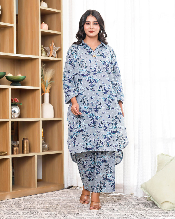 Tree Floral Printed Blue Grey Straight Co-ords Sets