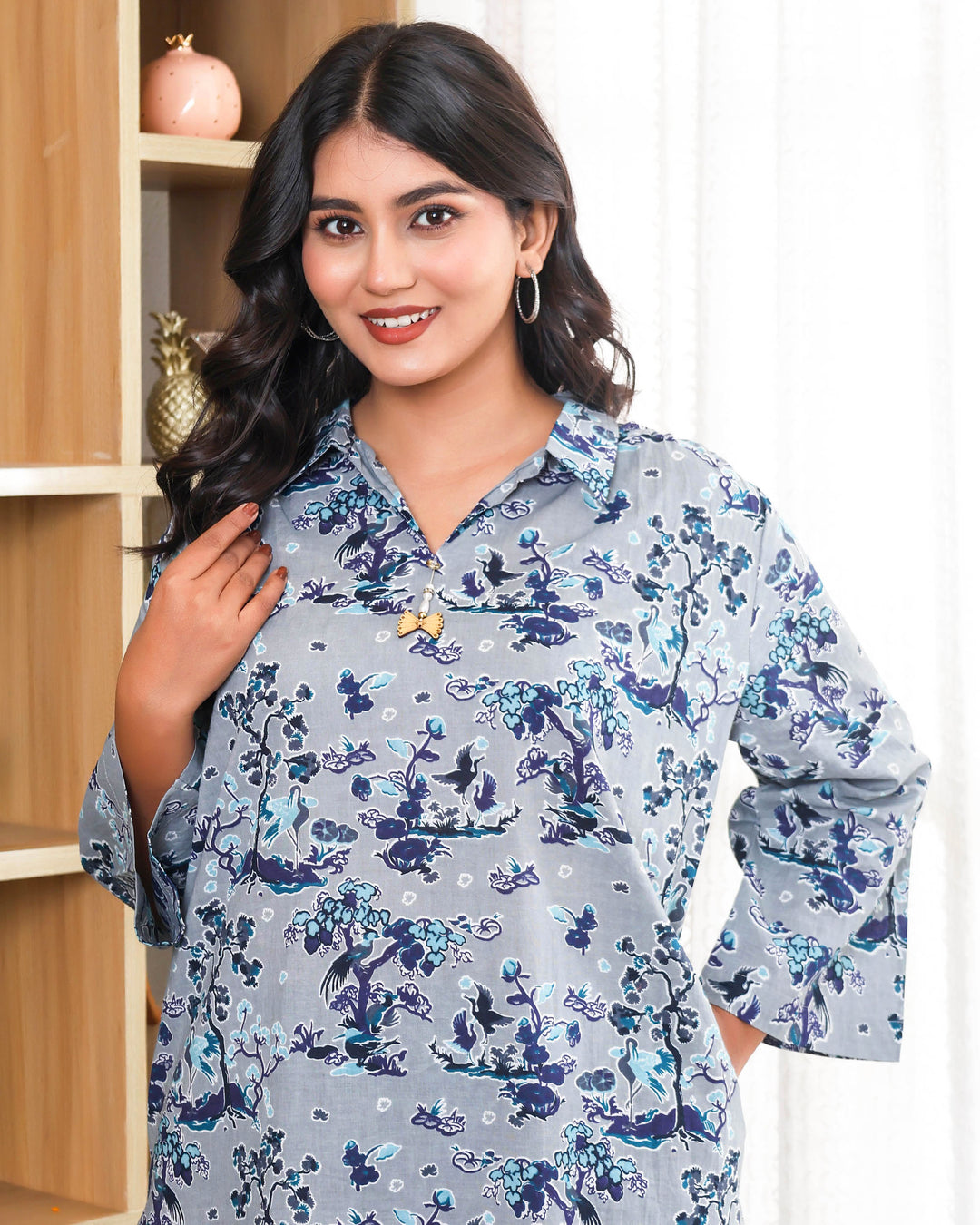 Tree Floral Printed Blue Grey Straight Co-ords Sets
