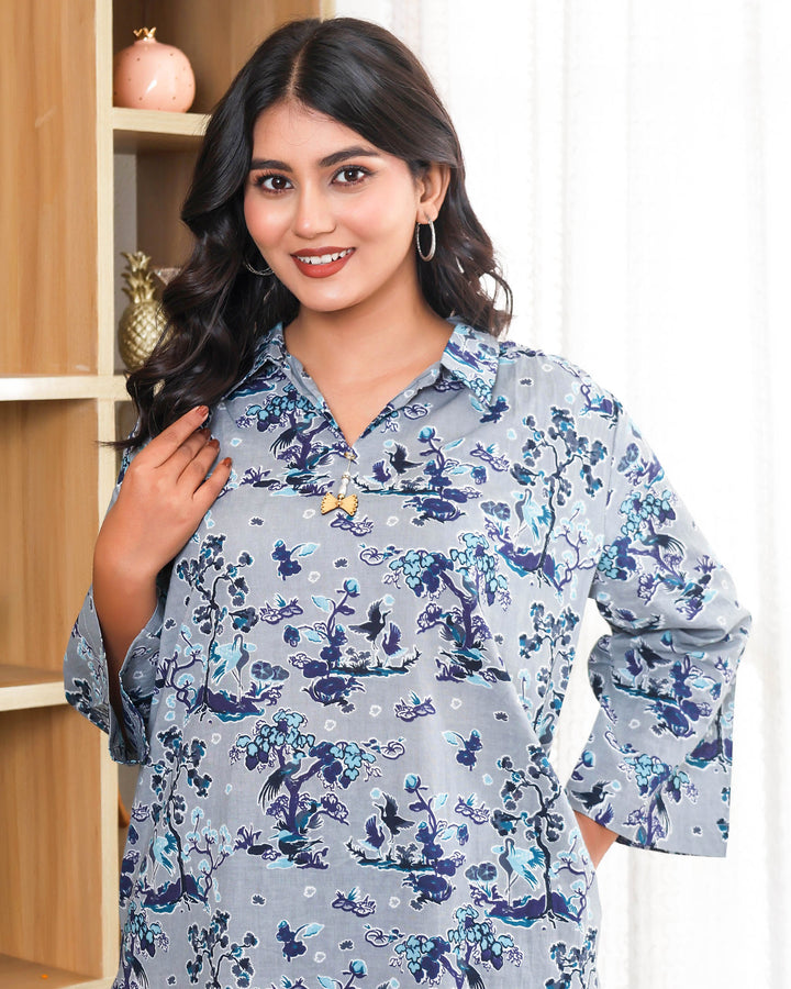 Tree Floral Printed Blue Grey Straight Co-ords Sets