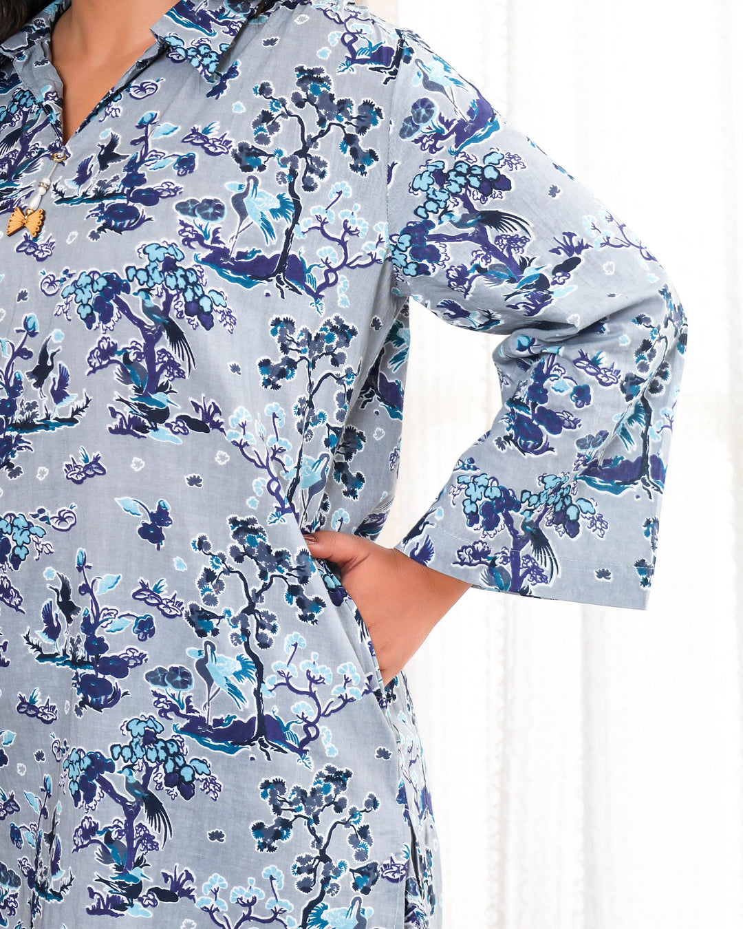 Tree Floral Printed Blue Grey Straight Co-ords Sets