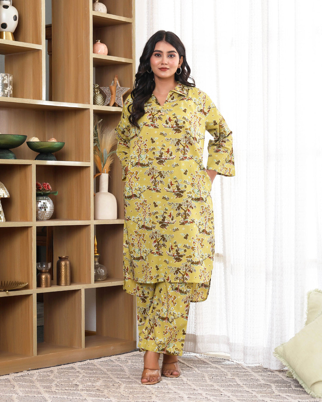 Tree floral printed Yellow Straight co-ords sets