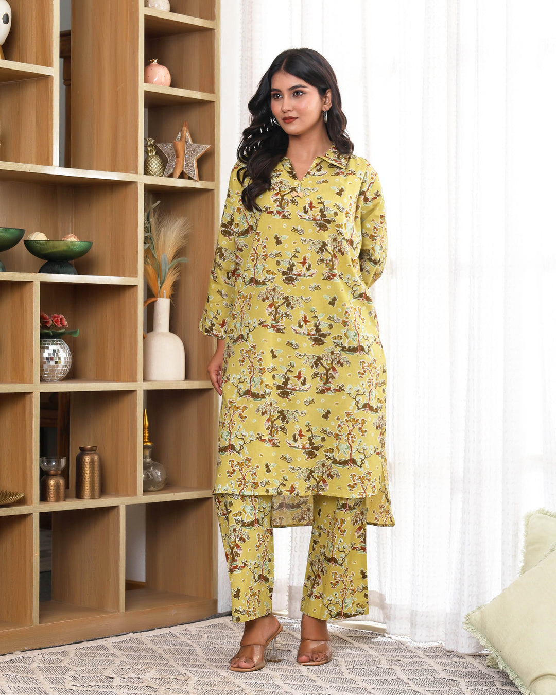 Tree floral printed Yellow Straight co-ords sets