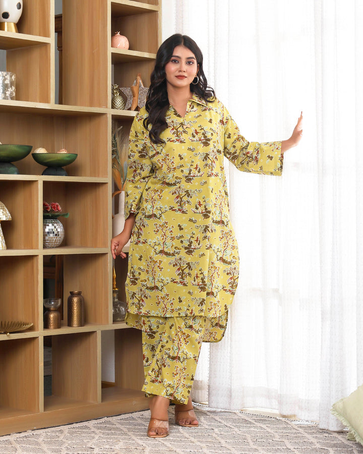 Tree floral printed Yellow Straight co-ords sets