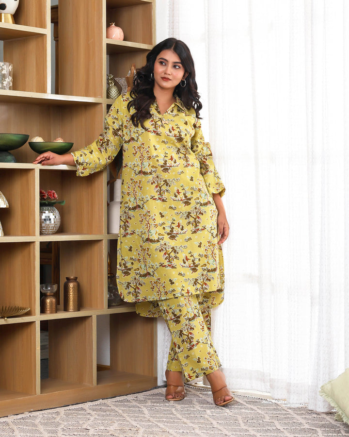 Tree floral printed Yellow Straight co-ords sets