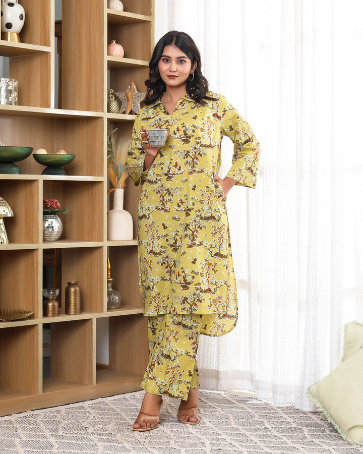 Tree floral printed Yellow Straight co-ords sets