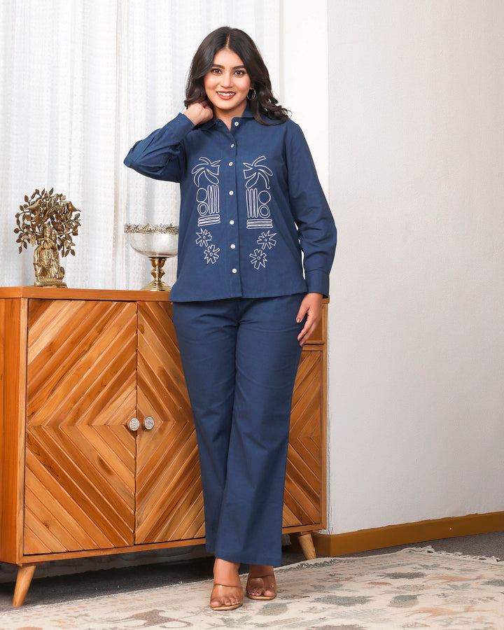 Navy Blue Abstract Embroidered Co-ord Set