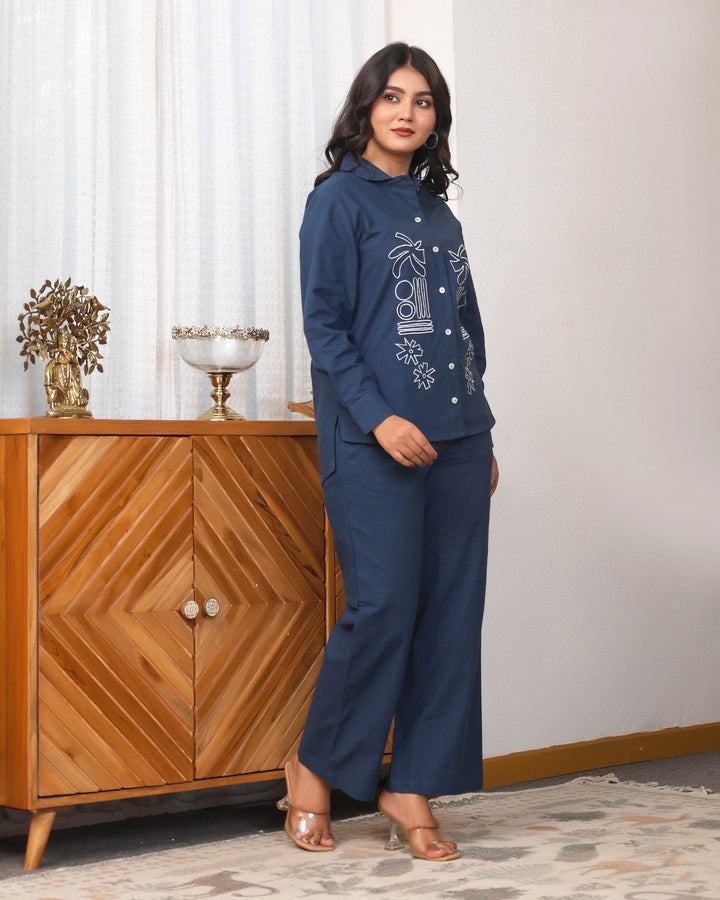 Navy Blue Abstract Embroidered Co-ord Set