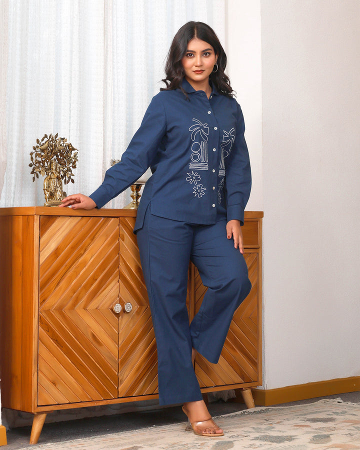 Navy Blue Abstract Embroidered Co-ord Set