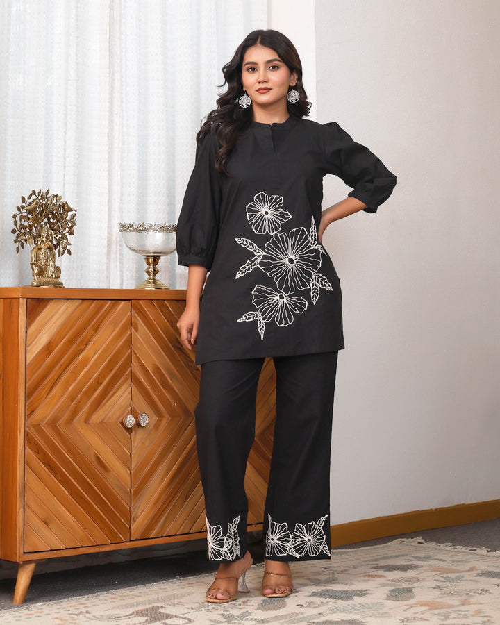 Black Floral Embroidered Co-ord Set