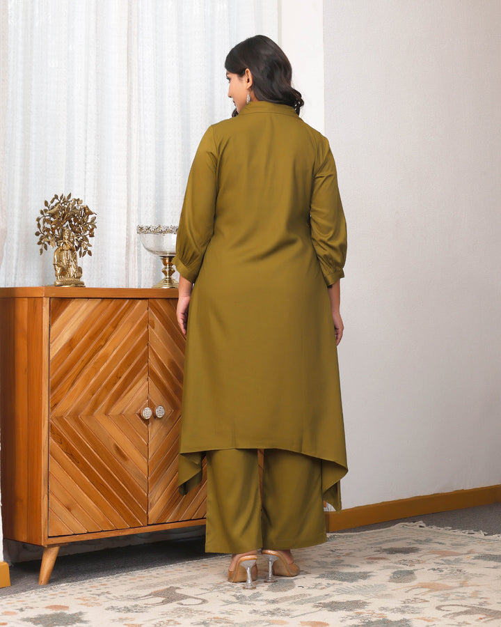 Deep Olive Green Embroidered Asymmetric Co-ord Set