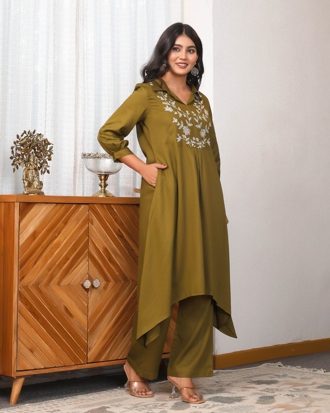 Deep Olive Green Embroidered Asymmetric Co-ord Set