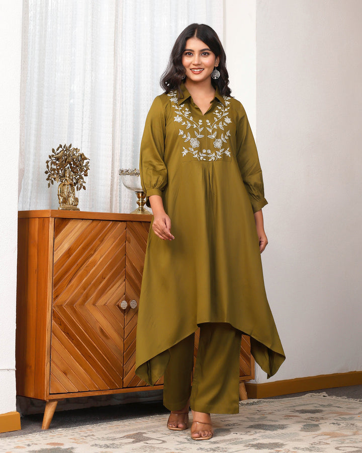 Deep Olive Green Embroidered Asymmetric Co-ord Set