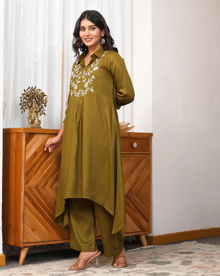 Deep Olive Green Embroidered Asymmetric Co-ord Set
