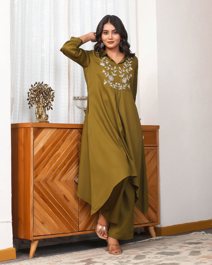Deep Olive Green Embroidered Asymmetric Co-ord Set