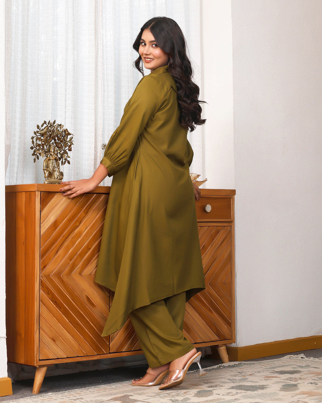 Deep Olive Green Embroidered Asymmetric Co-ord Set